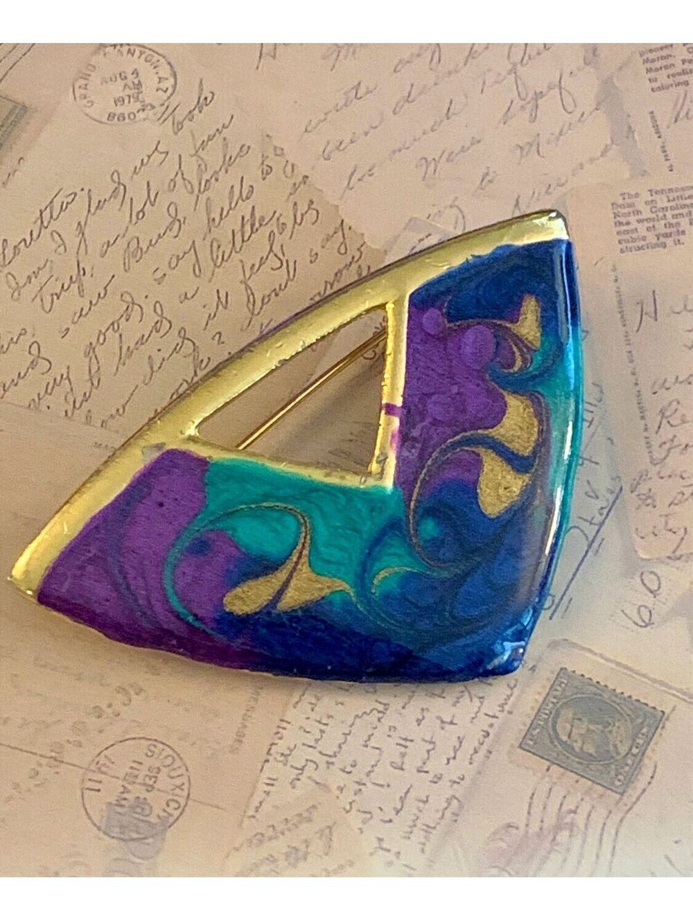 Vintage Colorful Retro Enamel Pin Brooch with Gold Accents